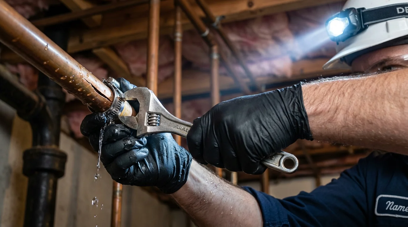 Emergency pipe clamp repair being performed by a Johns Plumbing LLC plumber in Homestead