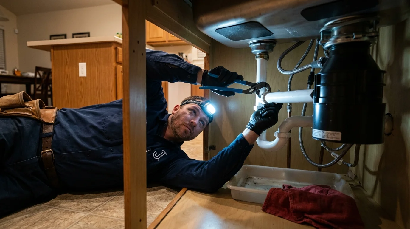 P-trap and supply line connections under a kitchen sink showing a common leak point in Homestead, PA
